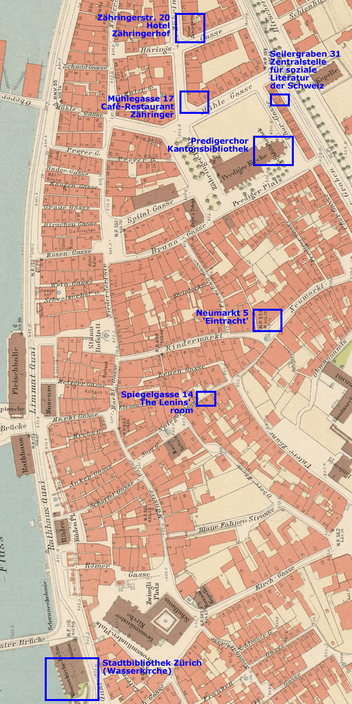 Map of Lenin's traces on Zurich's right bank.