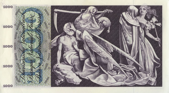 Pierre Gauchat Swiss series 5 banknote designs: 1000fr Dance of Death B296.302_verso_708x391