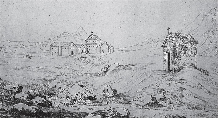 The Gotthard Pass summit. In the foreground is the Mortuary Chapel. Image: Sketch by C. Wyss, 2nd half of the 18th century