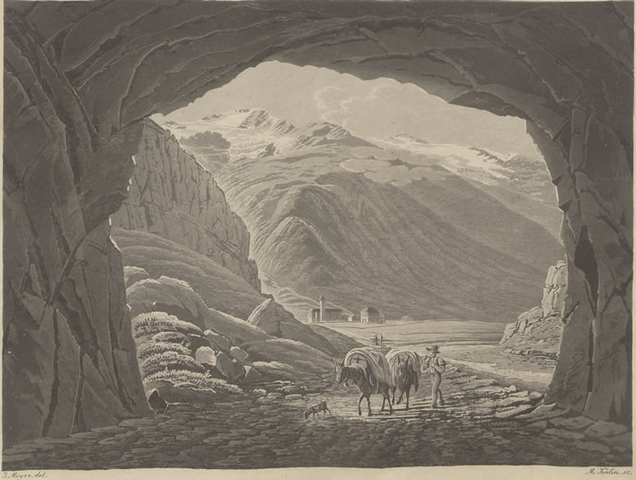 Vue depuis la Gallerie d'Urnerloch vers Andermatt, 1830