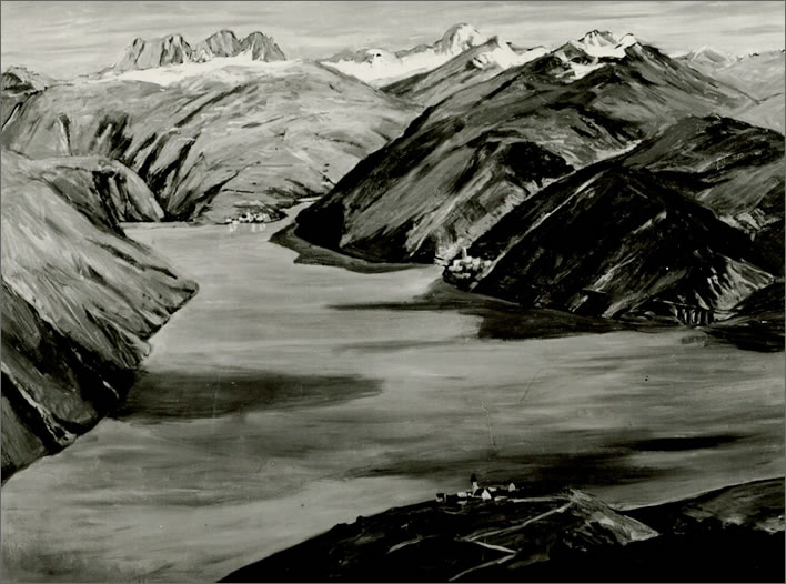 Artist's impressions from 1941 of the Urserental lake
