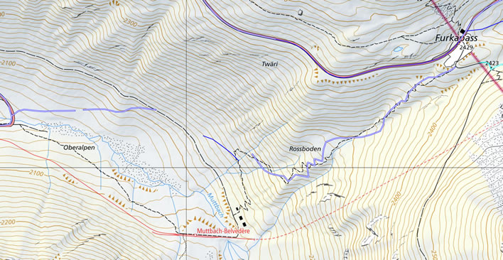 Map of the steep alternative route on the Furka Pass