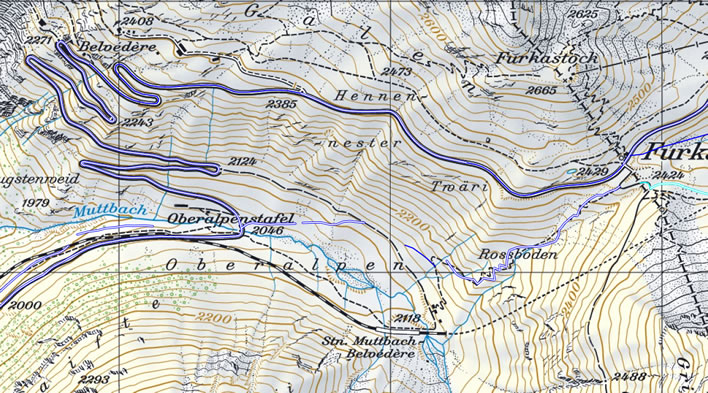 Map of the two routes on the Furka Pass in context.