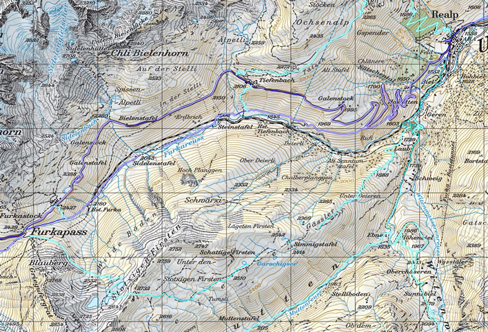 Map of the stretch from the Furka Pass summit to Realp