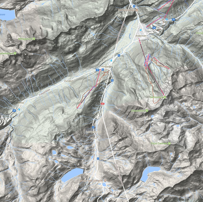 A relief map of the Hospental crossroads.