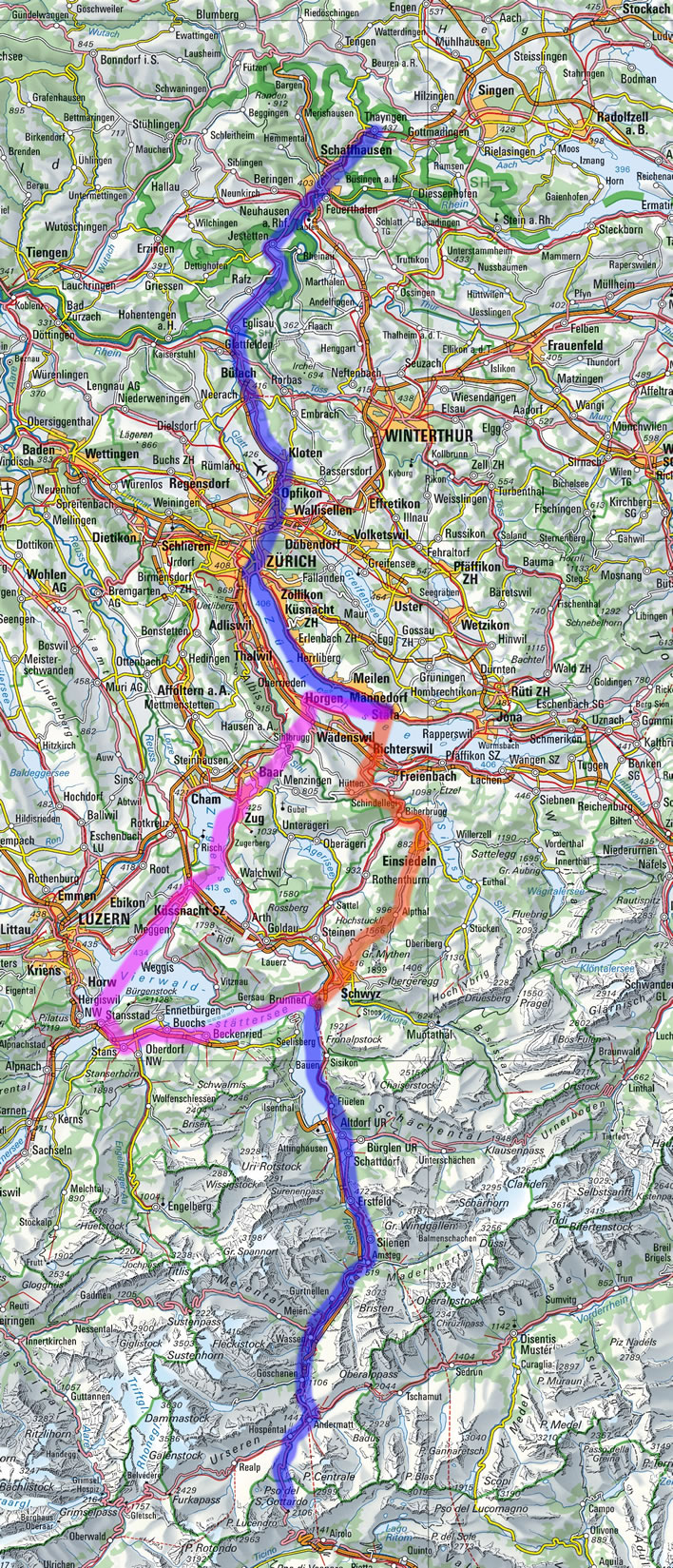 A map of Goethe's 1797 travels in Switzerland.