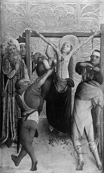 Altarpiece of Saint Barbara, 1447, Saint Barbara being tortured with the fork.