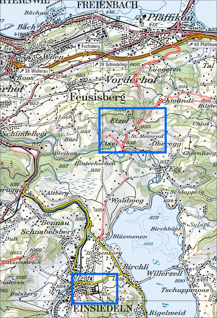 Meinrad's hermitages. The Etzel Pass and the Dark Forest.