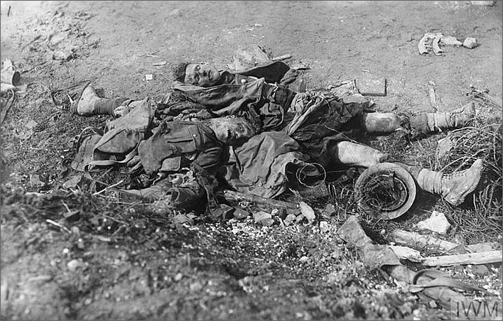 Dead Scottish soldiers on the battlefield near Longueval, March 1918