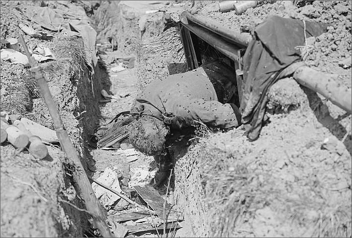 The body of a dead German covered in flies