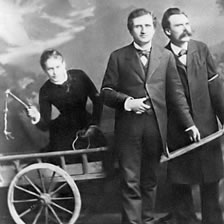 Lou Salomé whipping her two rejected suitors, Paul Rée and Friedrich Nietzsche. Who said philosophers had no sense of humour?