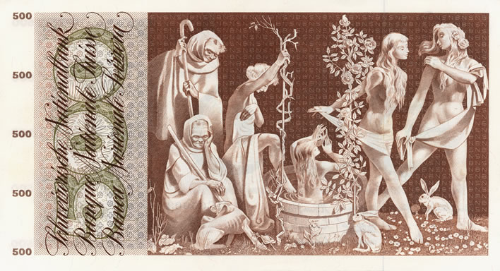 Pierre Gauchat Swiss series 5 banknote designs: 500fr Fount of Youth B295.303_verso_708x384