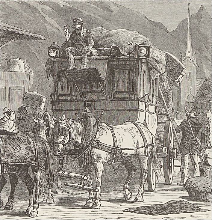 Departure of the post in Flüelen, 1875