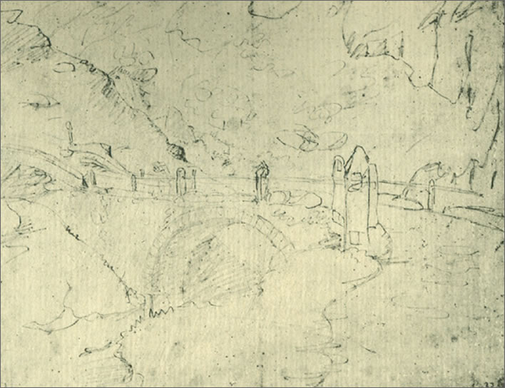Johann Wolfgang Goethe, a sketch of the Teufelsbrücke