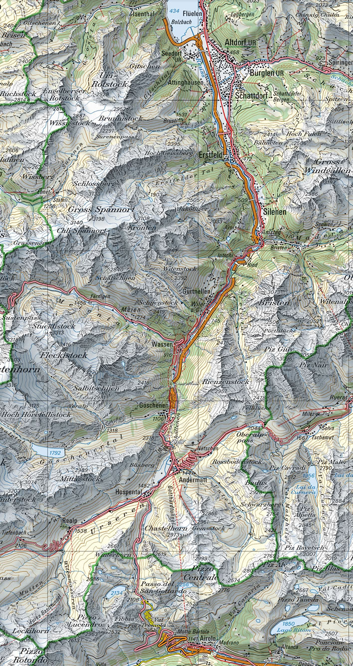 The Gotthard Pass in detail, from Flüelen to Airolo.