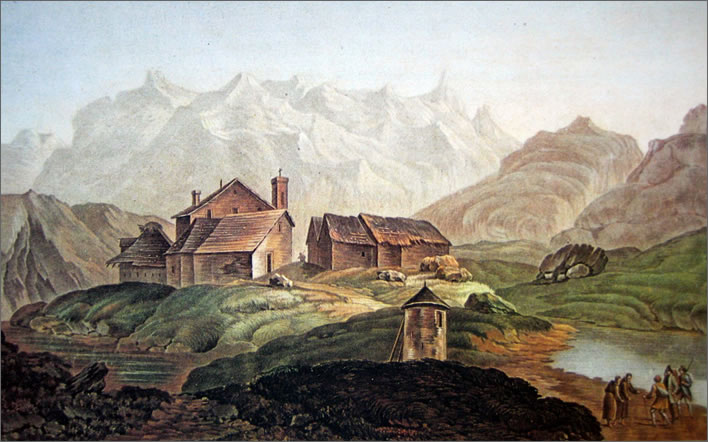 Illustration of the Gotthard Pass summit from 1785