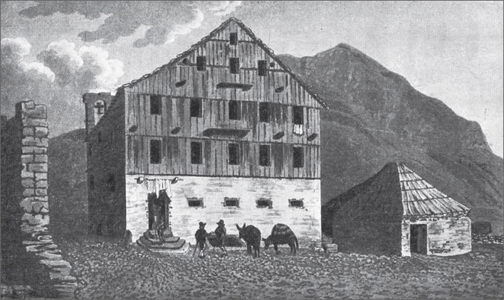 Gotthard Pass summit: the Hospice and the stable block from 1790.