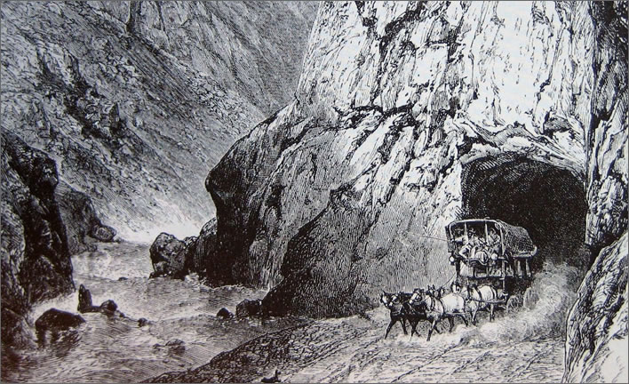 An illustration of the rock wall around which the Twärrenbrücke ran.