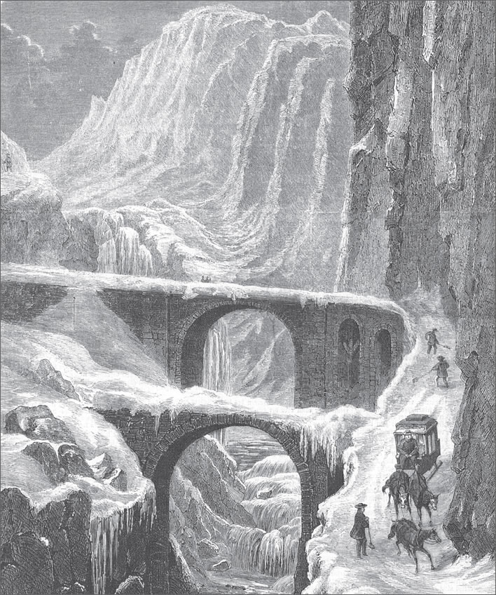 Johann August d'Aujourd'hui (1829-1877), Die Teufelsbrücke auf der St. Gotthardstrasse im Februar 1863