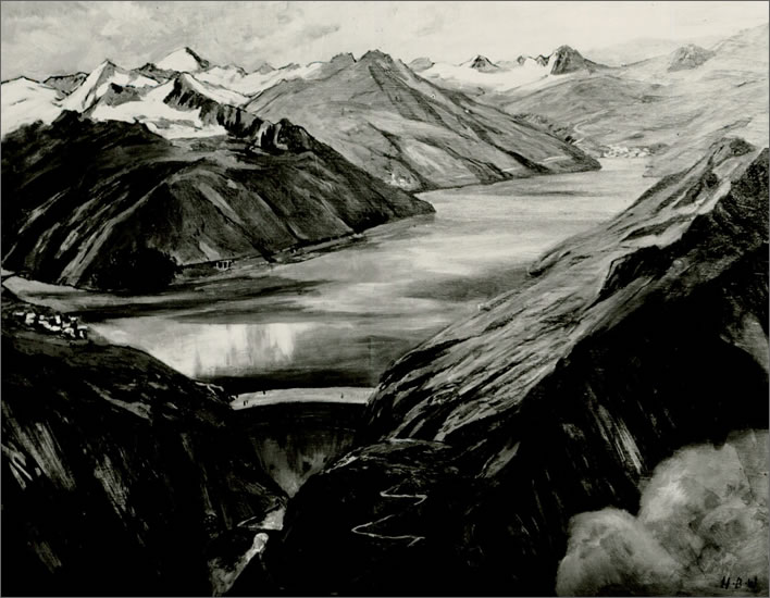 Artist's impressions from 1941 of the Urserental lake