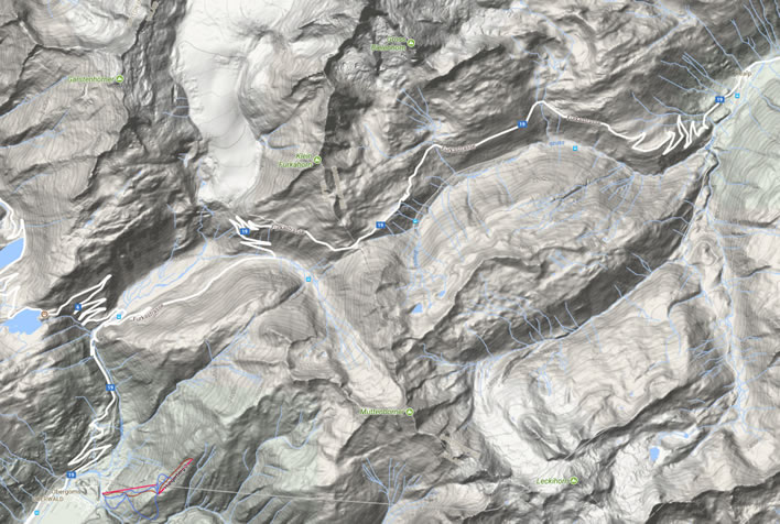 A relief map of the Furka Pass from Oberwald to Realp.