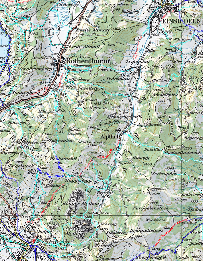 Map of the route between Einsiedeln and Schwyz