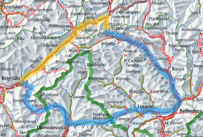 Map of the two ways to the Gotthard Pass from the west