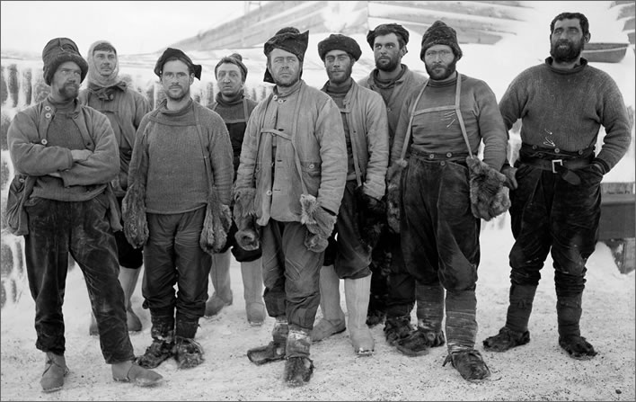 Terra Nova expedition: Captain Scott and other expedition members pose at camp after returning from the depot-laying expedition.