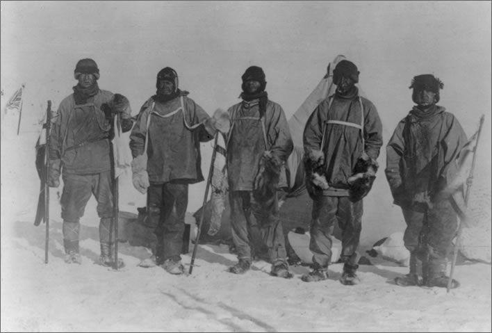Terra Nova expedition: Evans, Scott, Oates, Wilson and Bowers at their camp at the South Pole.