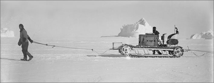 Terra Nova expedition: Teddy Evans and Bernard Day with a motor tractor.
