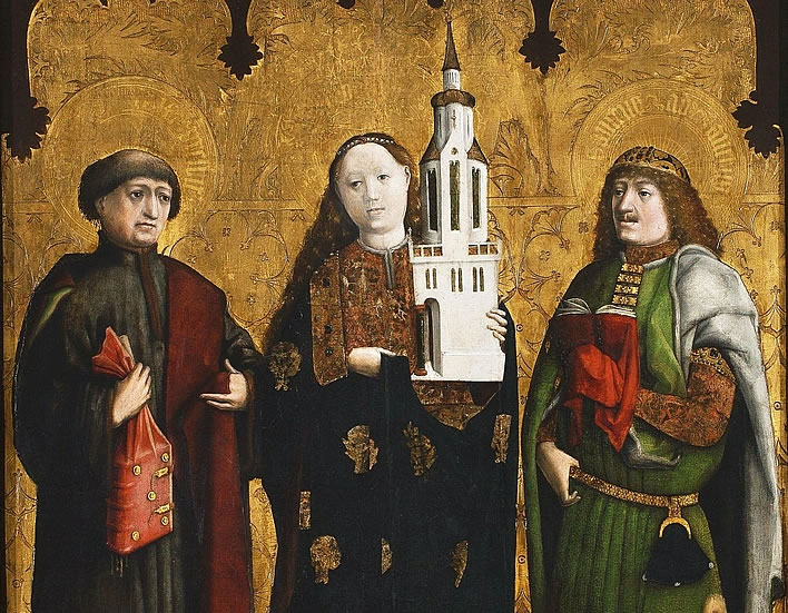 A detail from the Altarpiece of Saint Barbara, 1447, showing Saint Barbara with Saints Felix and Adauctus.