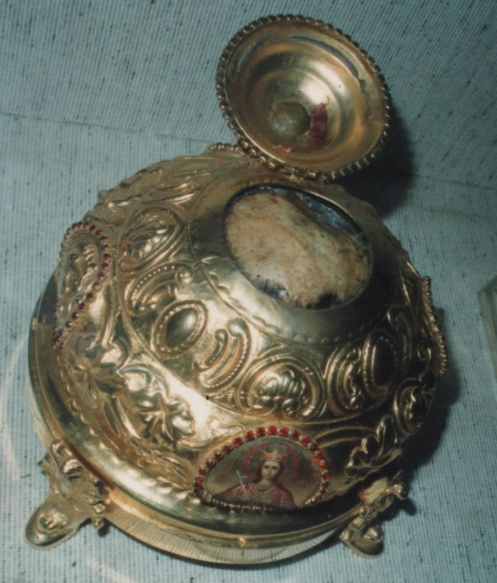 The peephole of the gilded skull pot in the monastery of Mega Spileo in Kalavryta, Greece.