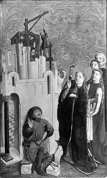 Altarpiece of Saint Barbara, 1447, Saint Barbara orders the workmen to add the third window to her tower.