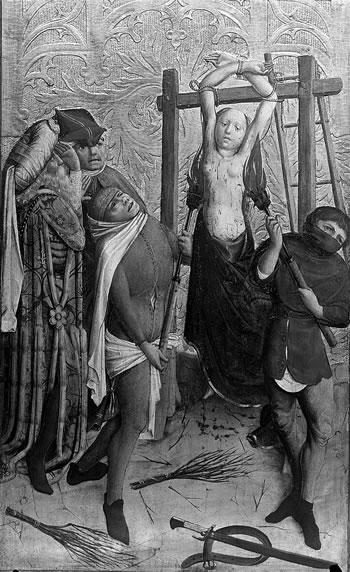 Altarpiece of Saint Barbara, 1447, Saint Barbara being tortured with burning torches.