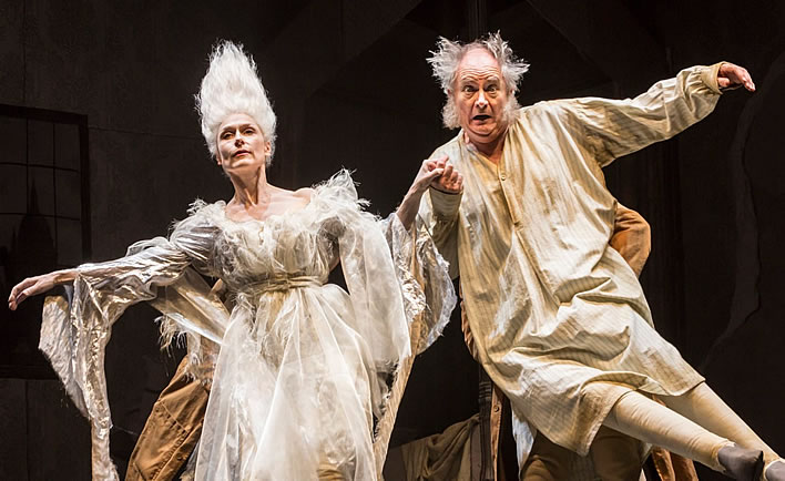 The Ghost of Christmas Past (Amelia Bullmore) and Scrooge (Jim Broadbent) in a 2015 production of A Christmas Carol.