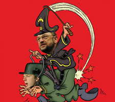 Martin Schulz in uniform riding and whipping Italian Prime Minister Matteo Renzi into submission. Image: Beppe Grillo's blog.