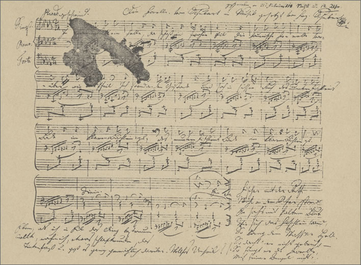 Page 1 of the facsimile of the inkblot autograph score of 'Die Forelle'.