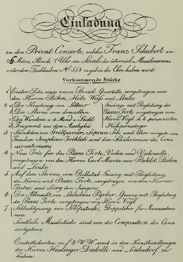 The programme for Schubert's one and only concert, 26 March 1828