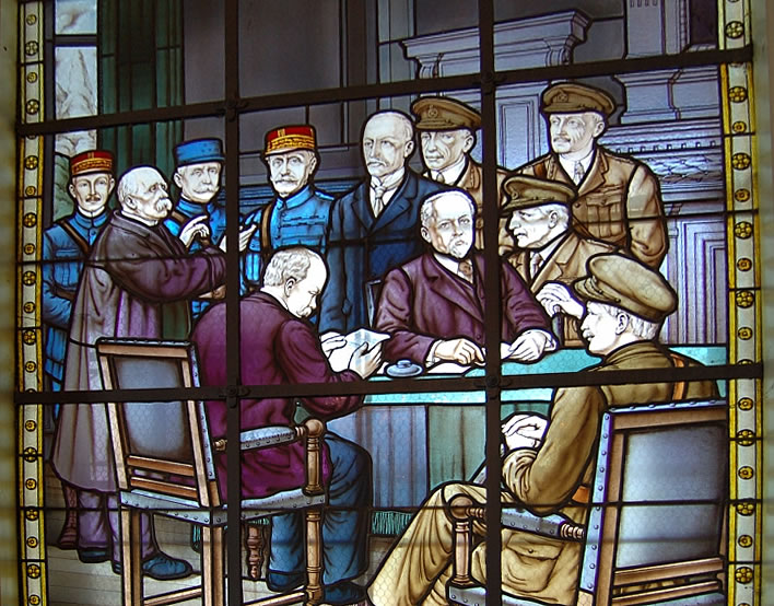 Stained glass representation of the participants of the Doullens Conference 1918