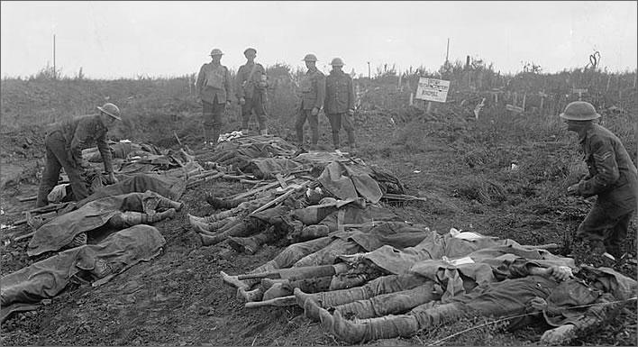 British dead waiting to be buried at the Windmill British Cemetery